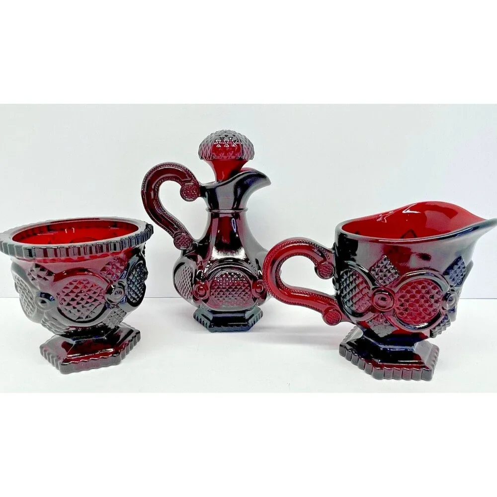 Vintage Avon 1876 Cape Cod Ruby Red Cruet w/ Stopper + Creamer & Sugar Set-EXCL